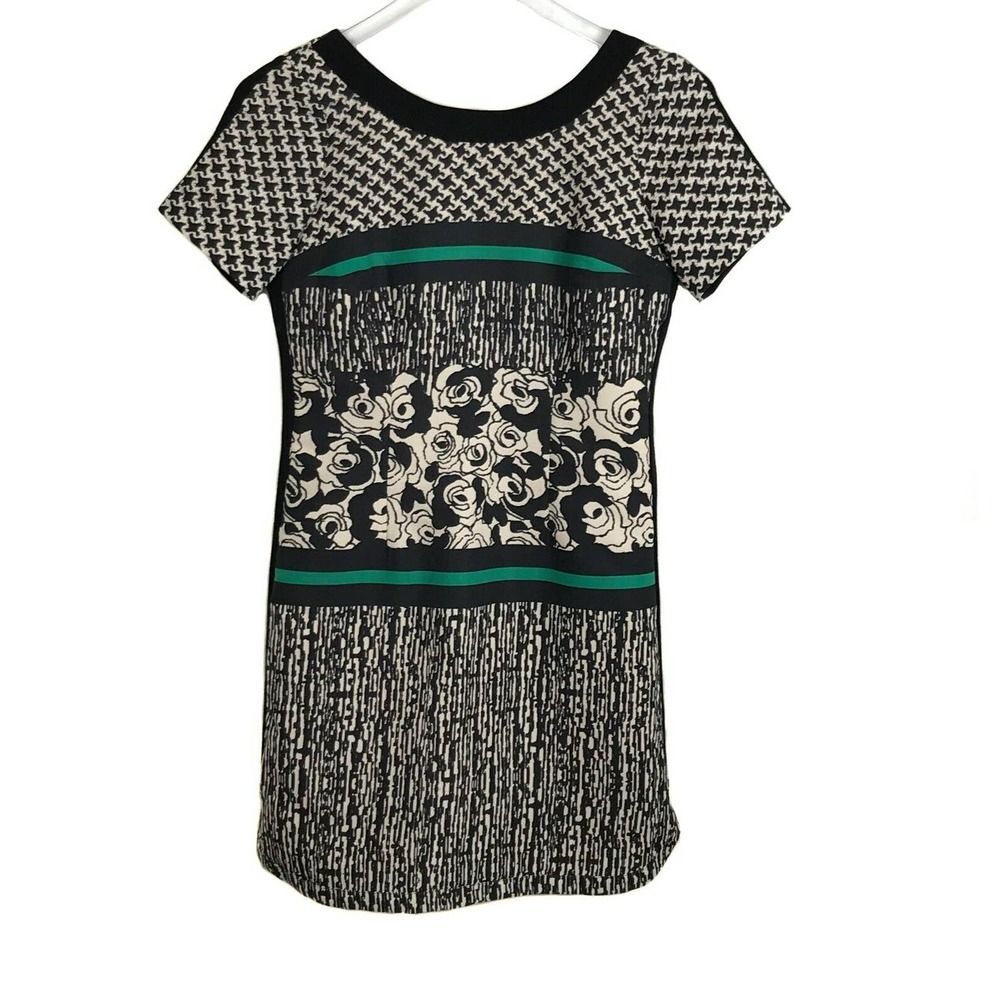 Plenty by Tracy‎ Reese Black Ivory & Green Deep V-Back Short Sleeve Dress Size 0